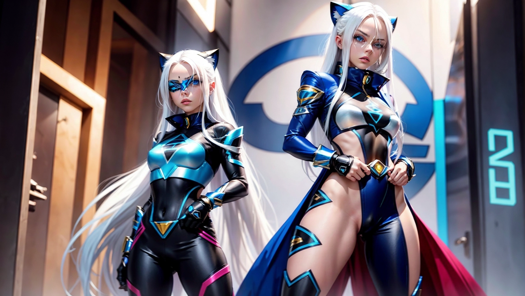 blue eyes, long platinum hair, panthera, clothing must cover chest, power rangers outfit showing pussy, uncover pussy, show pussy, perfect pussy, standing displaying pussy, camera in front