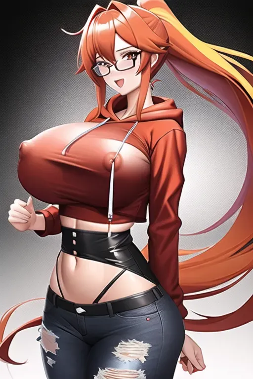 A Digital Painting of, Ginger, Bimbo, Huge Breast, Huge Ass, Hair to neck, Wearing Red Crop Top Hoodie, Ripped Jeans, Black Rectangular Glasses, Nipples popping out,