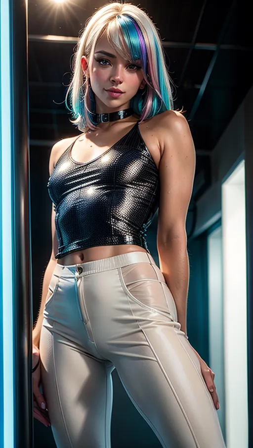 A professional photograph, a beautiful femboy (20) in (a sequined ((white)) shirt) and (a ((beige)) (see-through:1.1) disco trousers) is (waiting for a friend at the bar) in a night club, wavy black hair with (electric blue highlights:1.3), (smiling:1.1), beautiful face, beautiful eyes, flat chest,
highly detailed, neon lights, Ball facet, vivid colours,<lora:dpmg_add_detail:1>, motivated lighting, cinematic composition, UHD, HDR, highest quality, highest resolution, (photorealist:1.72),(photorealism:1.72), (masterpiece:1.18), --s 750 --v 5.2