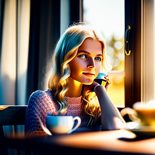 A young blonde girl sitting at a kitchen table, sipping at a cup of coffee, the sun shines through the window enlightening her hair, high resolution, 4k,