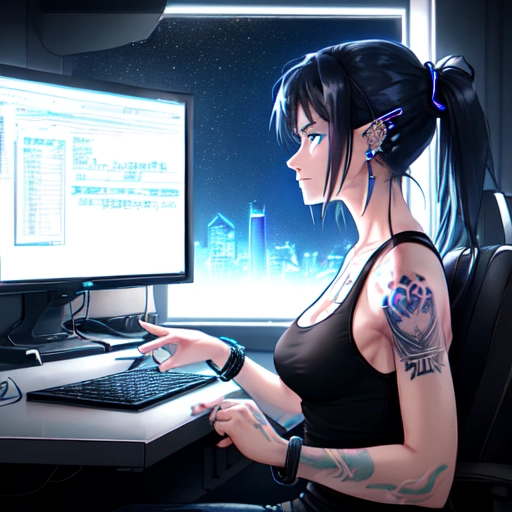 Medium shot, side profile, soft lighting of a highly detailed beautiful Cyber punk female with blue black hair sitting in front of a computer monitor at a desk with a tank top on and tattoos on her upper arms. Dark background with a window showing a night sky and a blueprint on the wall, she has a bracelet on her wrist and pierced ears