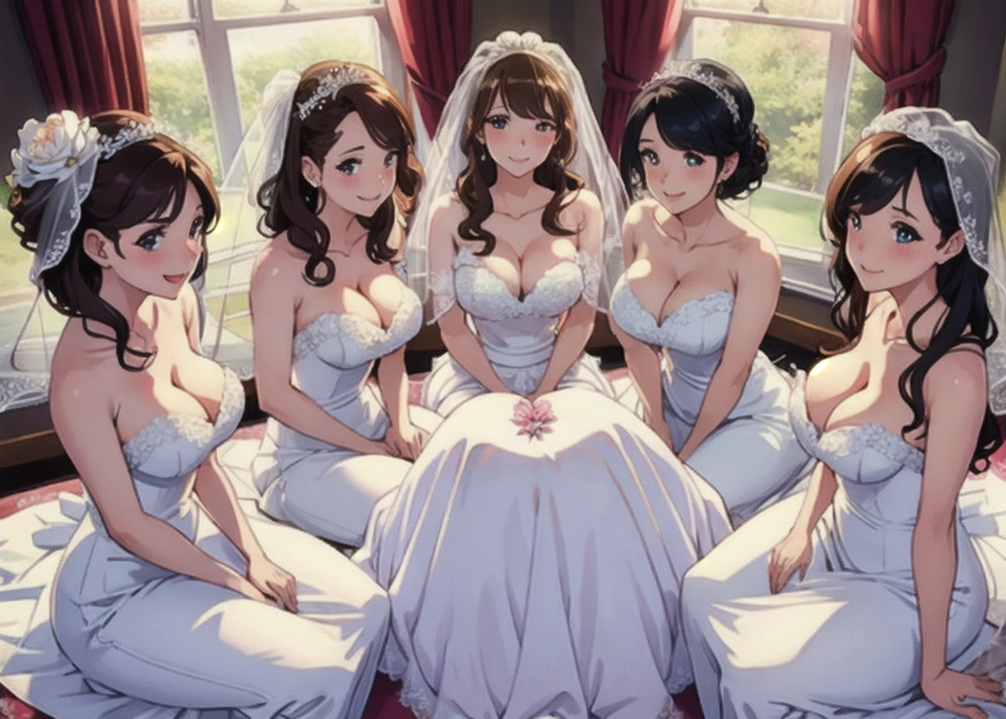 ((four beautiful brides)), (4 girls),
(masterpiece), smooth, soft lines, soft edges, perfect edges, ultra realistic, perfect anatomy, (soft lighting), (soft white glow), absurdres,
(((pussy))), (erotic), (blushing), smiling, teeth, ahegao,
ultra realistic face, hair with great details, long lashes, perfect eyes, face photorealistic, perfect face,
medium tits, wedding dress, bright bedroom, heart shaped bed, honeymoon,