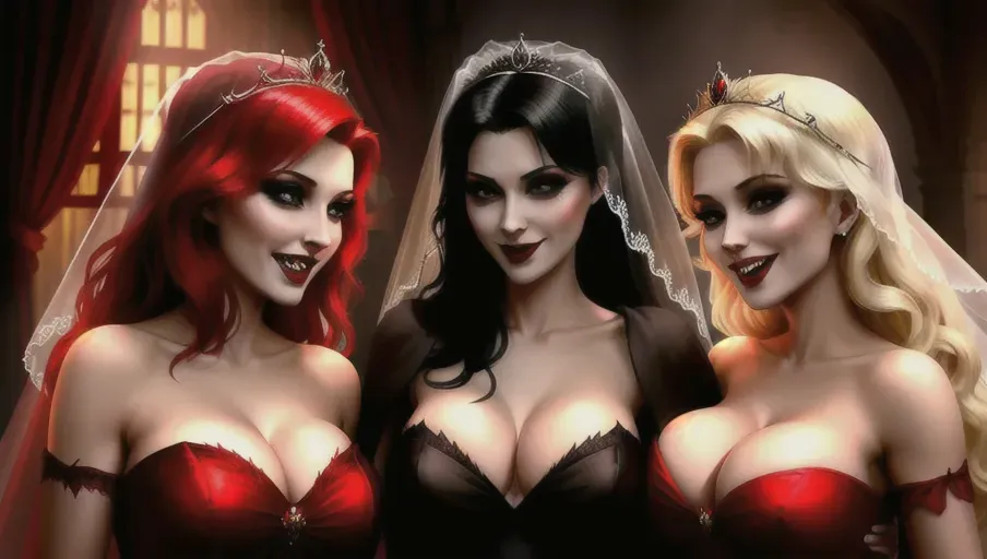 medium shot of the sexy vampire vixens of Dracula hungerly associating with their victim on a foggy moonlit night in the shadowy ballroom of a decerped old castle. three very pale gothic sexy erotic blond and black haired evil vampire vixens fangs gleaming in the moonlight. Drinking, laughing, dancing, kissing, seducing their victim, Crowning her with a bridal veil. Beautiful redhead early mid-thirties moderate breasts good sweet innocent, big soft round eyes, warm smile Anna of Arendelle in a soft green elegant Nordic ballgown.
photorealistic. High resolution
