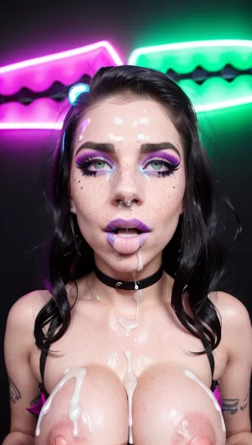 replicate inspiration face, freckles, black lipstick, black hair, rave outfit, nightclub, neon, glowsticks, neon lingerie, music festival, dpmg_face_cum_v1,(((a lot of cum on face))),(((a lot of cum in hair))),best quality, cum dripping face, disdain, cum bath, cum everywhere, lots of cum, semen, thick cum