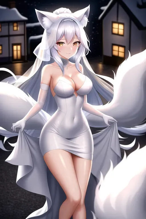 medium shot, 20 year old, a translucent arctic fox spirit, fit, wedding dress, black, house party, night, studio light, happy, 8k, professional
