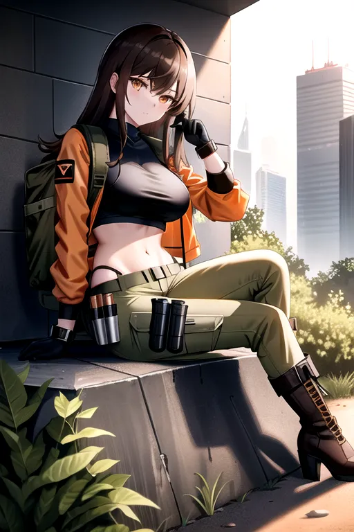 SHD agent, long hair, brown hair, orange eyes, pale skin, tan jacket, olive green cargo pants, giant breasts, black crop top, tan boots, sitting at campfire, holding switchblade, night time, black backpack, looking at viewer, smart watch, sitting by rifle, pistol holstered on leg, gloves, urban environment, ruined city environment, high heel boots