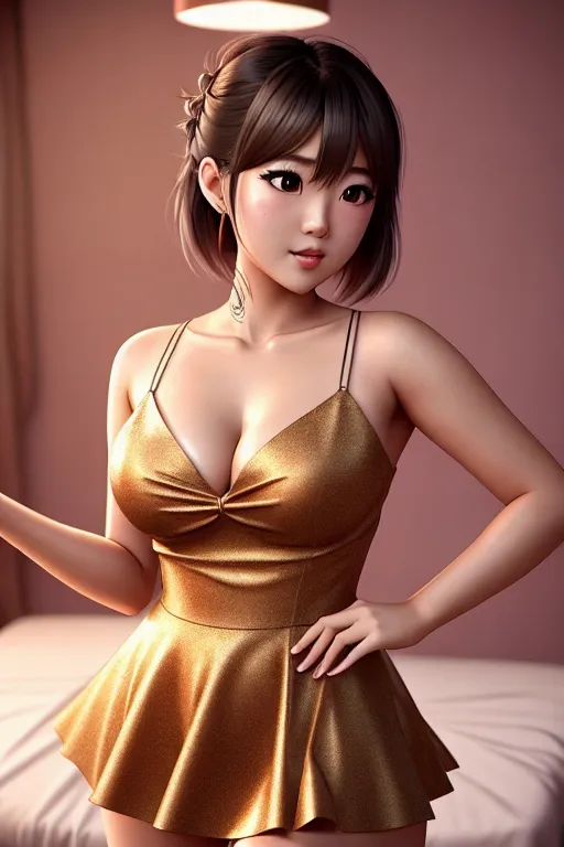 a digital art of,kaori miyazono,wearing frock,dancing,on the bed,amazing breasts,five fingers per hand,bangs hairstyle,beautiful face,beautiful lips,brown eyes,curved eyebrows,curved eyelid,textured skin,joyful,tattoo,bokeh,cinematic lighting,sharp focus,pixiv,smooth