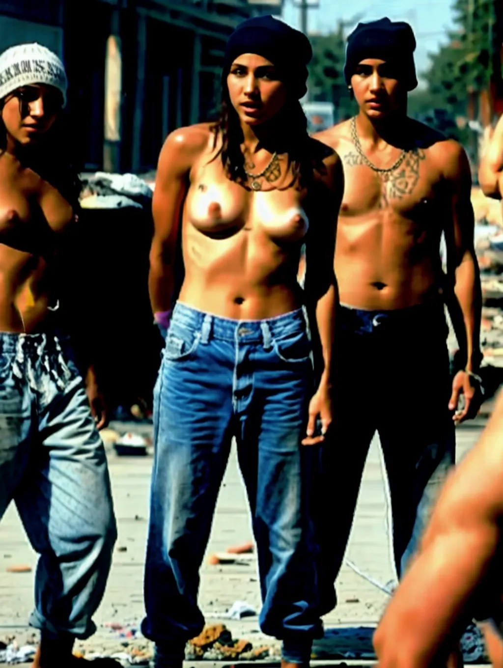 tough scrappy topless barefoot white-skinned street gang girl with bare erect nipples and toned muscles wearing long loose baggy jeans and wearing fingerless gloves and wearing chains and wearing a small black beanie on her head while fighting barefoot with a group of men in the projects with debris and garbage on the ground, bare breasts, nipples, bare feet, medium breasts,