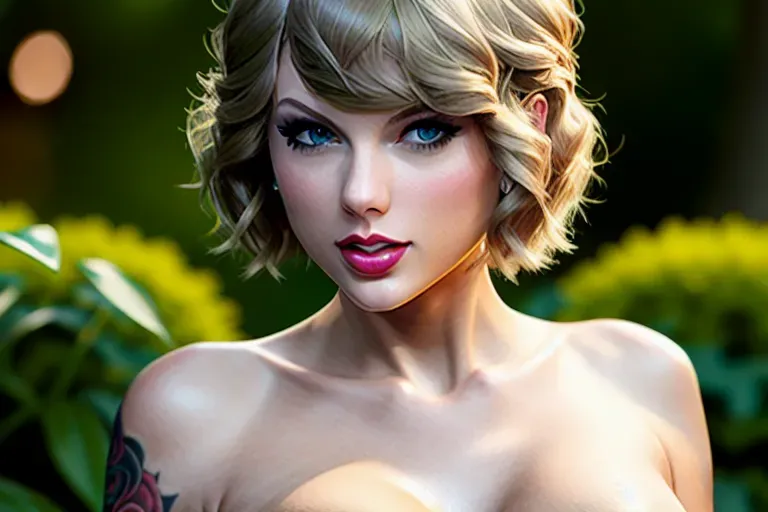 photo of,taylor swift,naked,all-fours,in the garden,natural breasts,five fingers per hand,short hair,beautiful face,beautiful lips,green eyes,curved eyebrows,curved eyelid,textured skin,satisfaction,tattoo,artstation,professional,unreal engine,bokeh,sharp focus