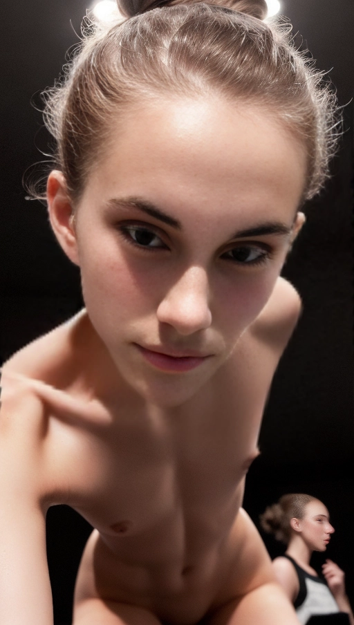Looking directly at viewer. A high quality well-lit photo shot from near ground level of a beautiful cute white girl with brown hair in a messy bun 18 year old pretty faced soft features girl naked dancing at a disco, the photo is taken from a very low angle, up-shot photo, back arched, downsized girl, downsized ass, downsized breasts, slim, slender, camel toe, visible camel toe, downsized pussy, viewer eye level is low looking up at the girl, naked girl, perky tits, up-do hair, messy hair up, hair in messy bun, tight hair bun, downsized nipples, flat chested, mouth closed, thin waist, slim waist, perfect shape nose, downsized nose, short nose, legs together, short torso, facing the camera,
The girl has a thoughtful cute expression, tight pussy, very tight pussy, perfect nipples, well drawn nipples, candid photo, photo cropped mid-thigh, well lit body, girl facing the light, mouth closed, perfect drawn lips,
Dancing at a crowded party, dark room neon lights,
close up photo, erect nipples, hard nipples, beautiful face, cute face, symmetrical face, well drawn faces, extra realistic faces, oily skin, subtle freckle skin, goose skin, goosebumps on skin, realistic skin texture, well lit, shiny skin, well-lit body, crowded party,