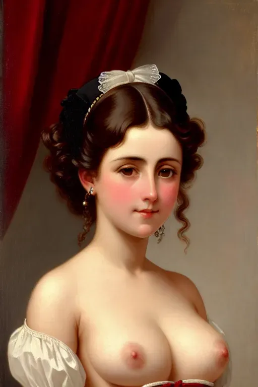 masterpiece, best quality, realistic, portrait of a 19th century maid, open top, nipples