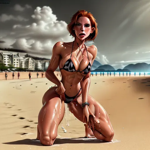 slim, pretty, redhead, short hair, small ass, small tits, facing camera, kneeling, bikini, beach volley, (cum on body),(oiled), big cock, <lora:dpmg_wet_hair:0.11>, <lora:dpmg_add_detail:0.5> dpmg_face_cum_v1, <lora:dpmg_muscle_girl:1>, dpmg_pov_blowjob_v1