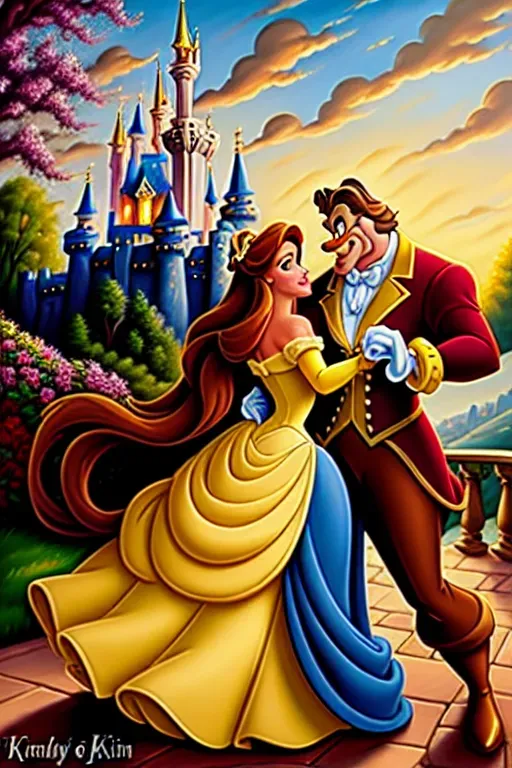 oil painting of disney princess belle and the beast in style of thomas kinkade