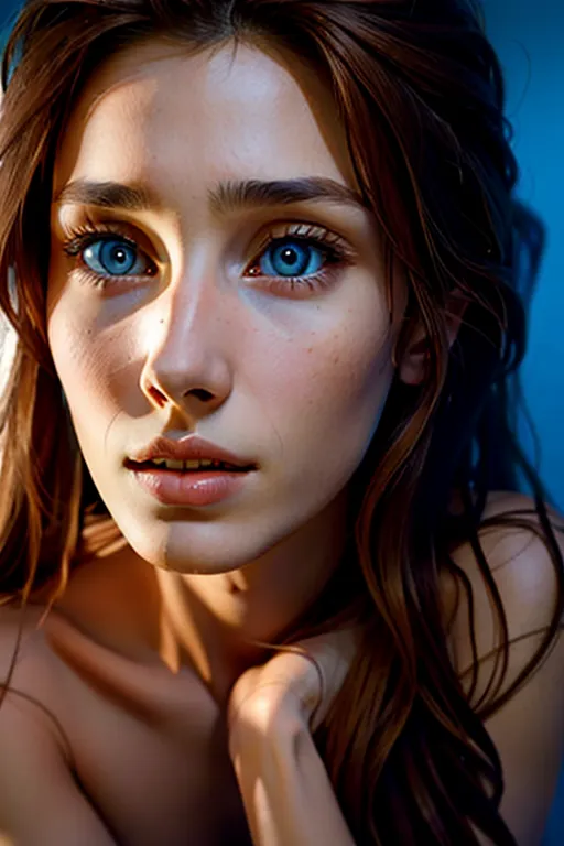 Beautiful nude woman with long brown hair and very skinny body posing on a bed, sad and depressed expression, realistic photograph, monochrome blue tone