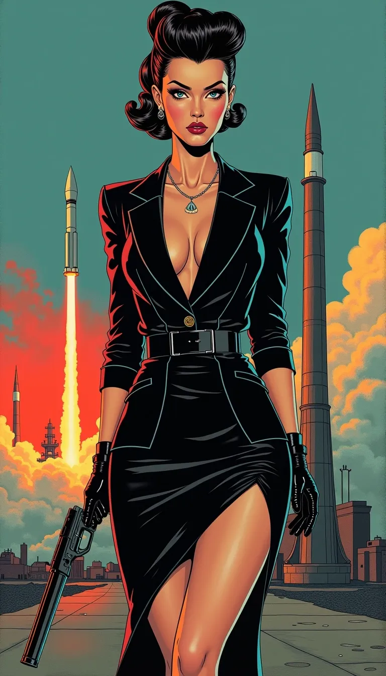 Holly Goodhead, slutty MIB silhouette, high-slit pencil skirt tight as betrayal, blazer barely buttoned over strategic absence, glossy black stilettos clicking like countdowns, gunmetal glove on one hand the other stained with red secrets, glossy plump lips like classified intel, hair slicked into a top-bun with three loose strands escaping protocol, disgusted smirk hiding six murders and a motive, future noir femme fatale, espionage elegance wrapped in visible brush strokes, hand-drawn graphic novel style, thick ink lines, halftone shadows, stylized lighting mid-scene, posture sharp as her sidearm, fashion as threat vector, visible tension in linework, noir retro-futurist palette
set at dusk, deep blue and orange gradient sky, sodium lights flickering on brutalist launch pad architecture, rocket launching in the background trailing smoke and fire into a dying horizon, dramatic light flaring behind her legs, silhouette cut by shadows and heat distortion, wind from the ignition pulling at skirt fabric and loose strands of hair, her face lit from below by flame-glow, glint of chrome on her earring like a countdown tick, debris in the air catching light like shattered code, she doesn’t look back
hand-drawn comic illustration, thick ink outlines, halftone shading, visible brush strokes, stylized light, posture mid-scene, key features outlined for drama, fashion with visual storytelling, glitter or grime as mood accents, emotion rendered in line weight