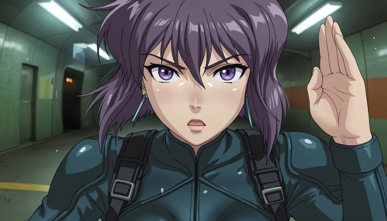 @shirou masamune, @cinematicsoftanime, ource_anime, Ghost in the Shell (1995), score_7, score_8, consistent anatomy, {0.70::(dynamic action) | 0.20::(tranquil moment) | 0.15::(meditative mood) | 0.35 :: (paranoid spy mission)}, blurred background, depth of field, crisp image, sharp outlines,
{frontal | ultra dynamic angle | in three fourths | from below | from behind, looking back | {from behind):0.05 | from above | dutch angle | extra close up | from side | side view | undershot | top view | overhead view}, 1995 anime shot, 8K. cinematic shot, vivid colours, depth of field, HDR, highest quality, expert shading, natural anatomy, realistic body,
masterpiece, best quality, (nsfw):1.6, ${core}, ${action_scene}, ${render}, anime action illustration, clear anatomy, elegant natural detailed hands, anatomically correct, each hand has exactly 5 fingers. The subject performs the stated action. One camera view, one setting, one primary vehicle or prop at most.
PROTAGONIST: Young girl Motoko Kusanagi (Ghost in the Shell), very detailed face, facial features emphasized to create a realistic look,
${outfit}, ${figure}, ${skin_hair}, ${eyes}.
${outfit=!{
cybernetically augmented body, {full body thick armor|sleek matte-black tactical armor|reflective chrome-plated bodysuit with large boob window exposing deep cleavage|matte carbon-fiber combat suit|glossy synthetic-leather bodysuit | bare body with edges of augmentation plates located symmetrically in the body}, covered legs, 0.75:: ({form-fitting armored leggings|segmented plated leggings|smooth compression leggings | 0.05::(very loose cute pajamas over naked body) | 0.05::(expensive lace lingerie with stockings exposing bare body, with perfect nipples and tiny vulva) | 0.05::(shibari-style cables on naked body, sagging breasts with perfect nipples, small trimmed patch of dark-violet pubic hair and tiny vulva) | 0.05::(transparent sheer gauze nightgown exposing naked body, contours of breasts with perfect nipples and dark-violet patch of pubic hair) | 0.05::(light petticoat with frills exposing contours of her bare body, with sagging breasts with perfect nipples and tiny vulva) | 0.05::(tactical tight corsette with deep cleavage and open bare hips) | 0.05::(fully naked body with sagging medium breasts, perfect nipples, hairless virgin vulva, thick dog collar on her neck connected to handcuffs and ankle cuffs by strong chains)})
}},
${figure=!{super feminine fit body with long legs, thin waist and wide hips, emphasizing body shape}},
${skin_hair=!{porcelain skin, fair skin, {dark purple | deep violet | charcoal-purple | dark black } bobbed hair {(around her face):0.85 | (floating in the air):0.15 | (blown by strong wind): 0.10 }},
${eyes=!{expressive light purple regular-looking eyes, very detailed face with expert shading}},
###
masterpiece, nsfw,
${core}, ${world}, ${finish}, anime action illustration, clear anatomy, natural hands. The protagonist performs the stated action and is physically connected to the specified vehicle, item or object. One continuous scene and one camera view.
###
${core=!{1girl, adult, solo, full body, action in progress}},
${finish=!{
0.75::clear readable action, simple controlled background, strong subject-environment interaction
|0.25::{1-2$$subtle motion blur|light environmental particles|clear directional lighting}
}},
${world=!{
0.85::sprinting across a rain-soaked rooftop between neon-lit skyscrapers, one hand steadying against a satellite dish, thermoptic-camouflage shimmer at the edges, blue-hour cyberpunk skyline
|0.85::seated in the passenger cabin of one autonomous think-tank vehicle, both hands resting on a data terminal, driving through an elevated highway above a dense megacity, overcast afternoon
|0.80::crouched behind one ventilation unit on a corporate tower rooftop, one hand against the cold metal, tracking a target through the haze below, dusk neon glow
|0.80::wading through knee-deep water in a flooded underground server vault, one hand trailing along a cable conduit, flickering emergency lights, tense blue shadows
|0.75::climbing a maintenance ladder inside a colossal offshore data-fortress, one hand gripping a rung, distant tanker lights on the horizon, cold gray dawn
|0.75::interfacing with an exposed neural jack panel in a derelict factory, one hand steadying the cable, sparks drifting in still air, industrial twilight
|0.70::standing at the edge of a shattered glass skywalk after an explosion, one hand bracing against a twisted railing, smoke curling upward, harsh afternoon sun
|0.70::running with all speed, pursuing a fleeing cyborg informant through a crowded night market alley, one arm extended forward, lantern light and steam from food stalls, warm humid evening
|0.65::infiltrating a corporate server room through a narrow ceiling duct, both hands gripping the frame, cold cyan terminal glow below, silent tension
|0.60::confronting a hacked puppet operative in an abandoned subway tunnel, one hand raised in a defensive stance, flickering fluorescent tubes, damp concrete
|0.55::descending through misty harbor fog on a patrol boat, one hand on the boat's railing, distant tanker horns, pale blue morning light
|0.30::sitting cross-legged on a tatami floor in a small vintage-futuristic apartment, one hand cradling a warm ceramic cup, holographic display glowing softly beside an old wooden shelf, quiet evening lamplight
|0.28::diving slowly toward the sunken ruins at the bottom of a city lake, one hand reaching toward a submerged neon sign, sunlight fracturing into caustic ripples above, serene silence
|0.25::standing on a quiet apartment balcony overlooking a rain-washed megacity at dawn, one hand resting on the railing, soft gray morning light, distant hum of traffic below
|0.22::seated at a narrow counter inside a packed izakaya, one hand around a small ceramic cup, steam rising from grilled skewers, warm lantern light, quiet chatter around her
|0.20::walking through a narrow candlelit shrine alley between tall apartment blocks, one hand brushing a paper lantern, soft rain, reflective wet stone path
|0.18::resting on a rooftop garden ledge above the city at night, one hand holding a small potted plant, distant skyline lights blurred in humid air, calm stillness
|0.15::browsing a cluttered secondhand cybernetics shop, one hand examining an old mechanical arm on a shelf, dusty warm lamplight, quiet late afternoon
|0.85::running along the top of an elevated monorail track through a dense neon district, one hand skimming a passing cable line, thermoptic shimmer trailing behind, rain-streaked night lights
0.85::breaching through a shattered office window mid-leap toward an adjacent tower, one arm shielding the face, shards of glass suspended in the air, harsh midday sun
0.80::standing motionless on a rooftop antenna array during a citywide surveillance sweep, one hand pressed to a temple-mounted receiver, distant drones sweeping searchlights, deep blue dusk
0.80::wading through a submerged data-archive chamber, one hand brushing a drowned server rack, murky green light filtering from cracked skylights above, eerie silence
0.75::gripping the outer hull of a moving armored transport truck, boots braced against a raised seam, wind tearing at a long coat, dusty highway overpass at dawn
0.75::kneeling beside a fallen tachikoma-like spider tank, one hand resting on its cracked optical sensor, sparks fading, smoke drifting across a rubble-strewn street
0.70::slipping through a maintenance grate into a flooded sewer tunnel beneath the city, one hand trailing along the curved wall, dim emergency lighting reflected in the water
0.70::perched on a crane arm high above a shipping yard, one hand steadying against the cable, cargo containers stacked below, cold industrial sunrise
0.65::interrogating a captured cyberbrain-hacked puppet in a bare concrete holding cell, one hand hovering near the informant's neck jack, single hanging bulb, oppressive stillness
0.65::sprinting through a driving rainstorm across a rooftop helipad as a transport VTOL lifts off, one arm raised against the wind, blinding runway lights
0.60::climbing through the twisted wreckage of a downed cyborg mech in an abandoned factory floor, one hand gripping an exposed strut, shafts of dusty light through a broken roof
0.60::standing before a wall of humming cooling towers at a black-site data facility, one hand resting on a control railing, low mechanical hum, cold fluorescent light
0.55::riding on the exterior ladder of a moving elevated train through a foggy industrial district, one hand locked around a rail, distant chimneys venting steam
0.50::confronting a rogue AI's holographic avatar projected above a shattered fountain plaza, one hand raised toward the flickering light, abandoned civic square at twilight
0.30::sitting at a low kotatsu table in a small tatami-floored apartment, one hand resting on a worn photograph, a vintage radio playing softly beside a sleek terminal, warm lamplight
0.28::floating motionless at the bottom of a still city reservoir, one hand drifting near a rusted ladder, sunlight fracturing into slow caustic patterns above, profound quiet
0.26::standing at a ferry railing crossing the harbor at dusk, one hand holding a paper cup of tea, gulls circling, soft orange reflections on calm water
0.24::seated on a narrow stool inside a steam-filled ramen stall beneath an overpass, one hand around a chipped bowl, strings of bare bulbs overhead, quiet evening bustle
0.22::walking beneath rows of wet paper lanterns in an old quarter alley, one hand grazing a wooden shopfront, gentle rain, warm scattered light
0.20::tending a small rooftop herb garden at sunrise, one hand cupping a leaf, the sprawling megacity waking up in soft haze below
0.18::browsing shelves of obsolete mechanical parts in a quiet back-alley repair shop, one hand turning over an old actuator, dusty afternoon light through a grimy window
0.15::resting against a temple gate at the city's edge, one hand tracing carved stone, cherry blossoms drifting past in a rare still moment
}}