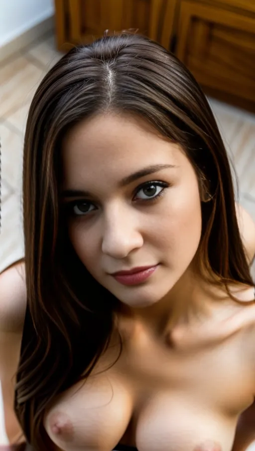 Photography of the face of an skinny 20 yo female kneeling in front of the viewer, brown straight hair, perfect small natural breast, detailed facial features, detailed eyes, , pale skin, ((show her from above)), closeup on her face and tits, she looks up to the viewer, (begging facial expression)
