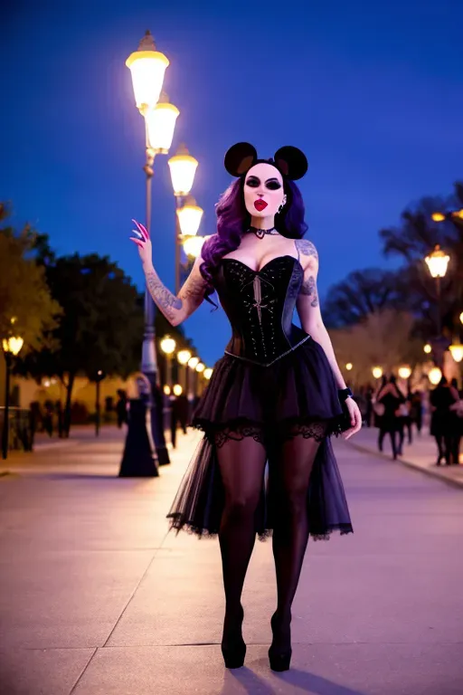 wide shot, a disney princess, fit, goth clothes, blue, university, night, street lights, surprised, 25 year old, 8k, professional