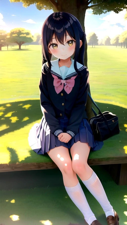 1girl, loli, young, cute, school uniform, sitting under a tree, sunny, in a field