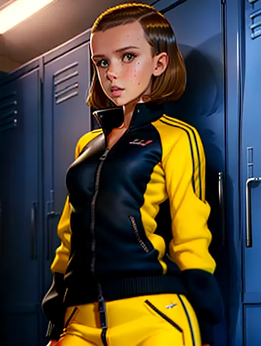realistic HD photograph ((wide shot)), (((millie bobby brown))) ((((accurate face)))),(((in a locker room)))(((wearing unzipped yellow tracksuit with black trim)))(((topless))),((very sexy pose)),(((small perky breasts))),(((slender body)))((evil smirking)), (((messy haircut))), five slender fingers, beautiful face, beautiful lips,detailed large eyes,curved eyebrows,cgsociety,cinematic lighting,studio lighting,professional,editorial,<lora:dpmg_fingering:1.5>