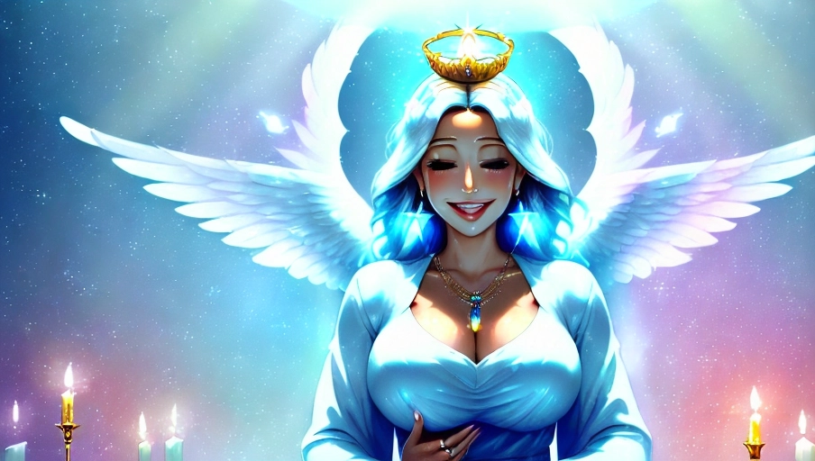 A 64k high detailed photo of a Female Angelic Goddess with clothing, HDR, and professional lighting. The image features the angel in pants and a shirt, adorned with godly attire. She exudes a godly aura with ultra-detailed angel wings and angelic lighting, symbolizing love, hope, and magic. The angel is depicted casting a spell, wearing a crown, smiling radiantly, embodying the essence of a happy queen. She emanates glory, warrior spirit, and angelic positivity, evoking feelings of happiness, ecstasy, and enraptured beauty. The scene captures the angel in a sweaty, yet regal, pose, embodying themes of salvation, godly royalty, and moral goodness. Her presence exudes true power, authority, and ethical grace. The angel is depicted with a halo, short hair, and a perpetual sentiment of always and forever. She exudes a mix of neutrality, brilliance, logic, compassion, and perfection. Her wings symbolize courage, purity, harmony, and beauty, with a distinctive beauty mark on her upper lip. The lighting surrounding her is ethereal and celestial, enhancing her divine presence. The angel is depicted wearing clothes and wielding godly items, exuding a sense of godly technology and power. The image captures a glimpse of the afterlife light, showcasing perfect attributes such as impeccable breasts, a flawless figure, and divine anatomy. The scene exudes a sense of love, worship, and spirituality, with a touch of eroticism, pinup charm, and romantic allure. The angel is depicted with a smiling and happy expression, radiating an angelic glow while wearing celestial clothing and accessories.