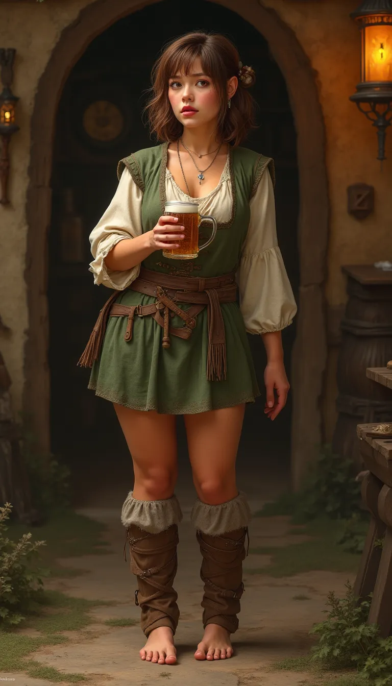 Photorealistic, extremely detailed, 28 year old female hobbit in a standing pose. Anxious expression, Brunette hair, short shoulder length hair. Pale skin. Oval faced. Fully dressed like a slightly chubby sexy female hobbit. Fulsome breasts, Short like a hobbit, Holding a beer in her hand. Standing in front of a tavern in hobbit town. Barefoot.