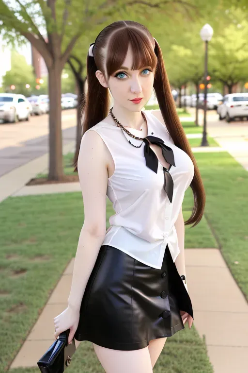 full body, chestnut hair, green eyes, short girl, white miniskirt, black high heels, looking at viewer, long hair, pale skin, black necklace, black shirt, 24 years old, big breasts, cute face, pov, wavy hair, city environment, Oklahoma City, wide eyes, erotic, low pigtails, bangs, skirt tug