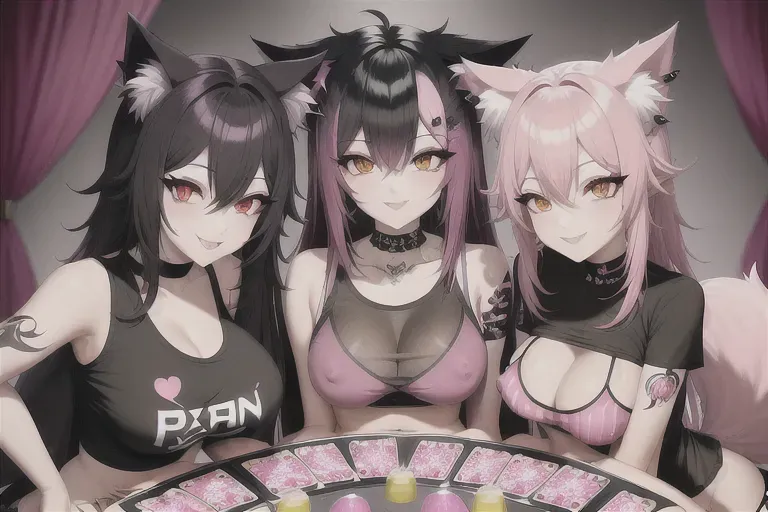 4 goth foxgirls, pink and black hair, tail, arm tattoos, piercings, croptop t-shirt, covered nipples, fluffy pj pants, playing go-fish, at a table