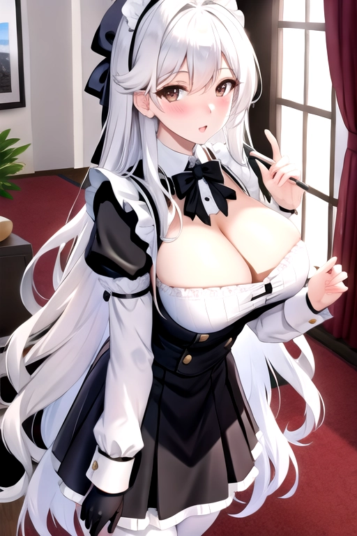 8k quality, brown eyes, pale white skin, white hair, giant breasts, cleavage, looking at viewer, pov, long hair, wavy hair, black maid uniform, high heels, miniskirt, standing in living room