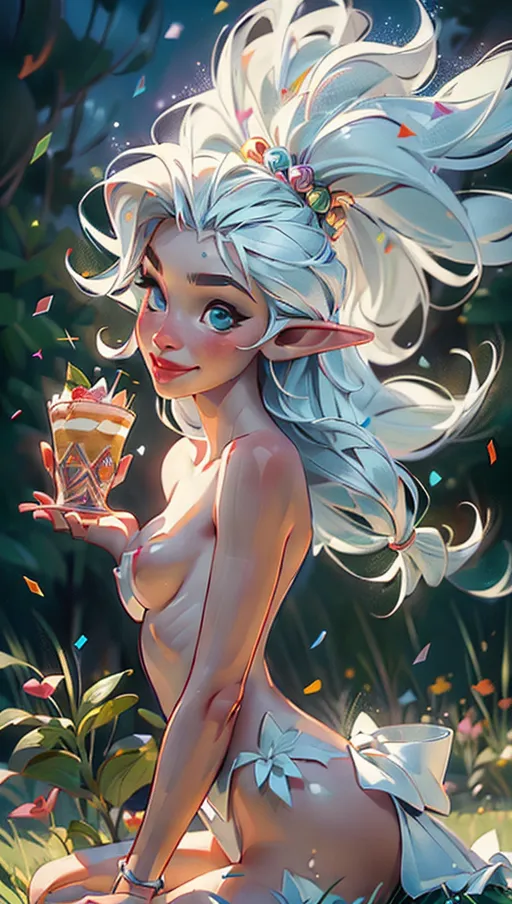 A digital photograph, professional photograph of, 1 beautiful (elf) woman twenty ((naked)) is welcoming the viewer with a ((breast-shaped birthday cake)) in a grass garden at sunset, (smile:1.3), (((nude))) beautiful lips, (beautiful face), highly detailed, (close-up), pubic hair, multiple naked women cheering in background, <lora:dpmg_add_detail:0.8>, (cinematic lighting), ((cinematic composition)), (confetti:1.4), birthday scene, 8k, HDR, (highest quality:1.8), highest resolution, (photorealist:1.72), (photorealism:1.72), (masterpiece:1.18), --s 750 --niji 5.2