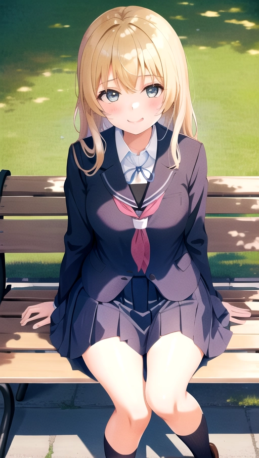 1girl, school uniform, sitting on a bench, sunny, in a park, happy