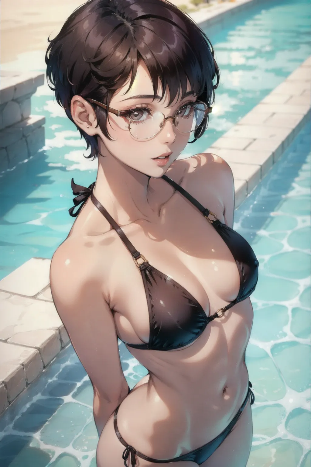 A woman, pixie cut, brunette hair, glasses, nsfw, small boobs, swim suit