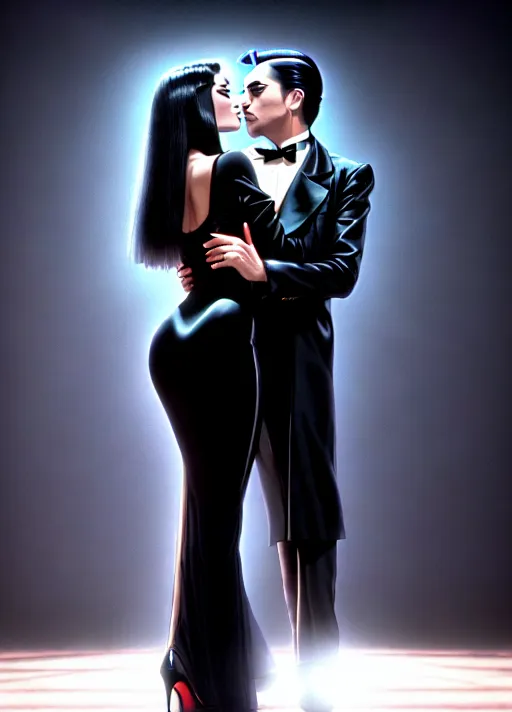 A (full-body shot:1.3) (wide-angle shot) of, (1girl 1boy), (1girl is Anjelica Huston circa 1990 as Morticia Addams:1.3), tall, (thin:1.3), goth look, (wearing a sheer black (see-through:1.3) floor-length pencil-dress neglige), (visible nipples and pubic hair:1.3), wearing sheer black panties, wearing black strapped stiletto heels, pale skin, blood red lipstick, (black nail polish), black eye shadow, raven-black hair, (((a single red rose clenched between her teeth))), (in a misty cemetary at night), with light from a (large full moon:1.3), (((1boy is Raul Julia circa 1990 as Gomez Addams:1.3))), (((wearing pin-striped charcoal suit white shirt with bowtie))), (kissing 1girl hand:1.3), (1girl 1boy looking lovingly into each others eyes while they dance a tango:1.3), neo-noir style, cgstation, DeviantArt style,
(<lora:dpmg_add_detail:0.95>), (four anatomically-correct pretty fingers and one proportional opposable thumb per visible hand:1.3), (beautiful symmetric detailed glossy eyes:1.3), beautiful lips, curved eyebrows, detailed face, detailed textured skin, realistic detailed hair, pretty teeth, skin pores, pretty realistic feet, (pretty symmetric realistic eyes), realistic teeth, realistic mouth, bushy pubic hair, realistic skin color, realistic skin tone,realistic hair color, realistic hair tone, five pretty realistic toes,
(8k RAW photo), (best quality), (masterpiece:1.3), (photorealistic), studio lighting, rim lighting, hair highlighted, UHD, Nikon Z5, (35-80mm zoom lens), (zoom out), f2.8, sharp focus, tack sharp, dof, film grain, Fujifilm XT3, (bokeh), dramatic lighting, rim lighting, subsurface scattering, volumetric lighting, focused, intricate detailed background, dramatic pose, dramatic pov, dramatic angle, dramatic lighting, cinematic composition, (cinematic lighting), HDR, (highest quality:1.8), highest resolution, (photo-realistic:1.72),
--s 250, --v 5.2, --A k_dpm_2,