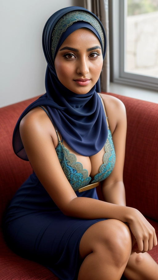 professional photograph of a 20 years sexy cute slim arabic (hijab) girl with tanned skin wearing a long dress with hijab looking at the camera exposing cleavage,
realistic face, highly detailed face, round face, cute face,
((dark skin)), tanned skin, highly detailed skin, textured skin,
reflective eyes,
small perky boobs,
beautiful legs, sexy knees,
showing deep cleavage and knees, sexy pose, kneeling on sofa,
deep cleavage, sexy knees, long shot picture,
highly detailed features,
highly detailed cloths, colorful cloths,