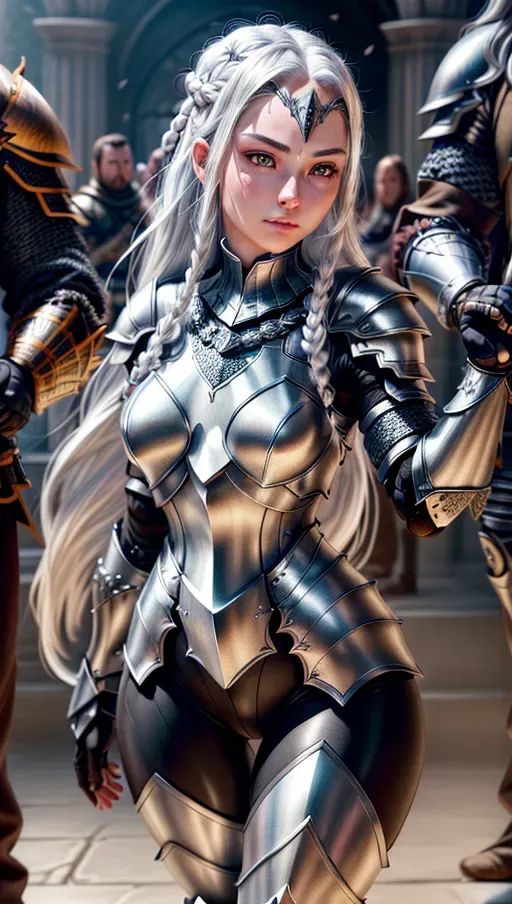 fantasy armor, chainmail armor, metal armor, Stern pose, Highly detailed face, Athletic, Beautiful, , long braided white hair, long white hair, determined face, cute, thick thighs, thigh gap, silver eyes, small perky breasts, perfect fingers, HD wallpaper, perfect teeth, anatomically correct, five fingers per hand, HD resolution, HD wallpaper, professional, realistic, photorealistic, highly detailed, detailed face, professional photograph, Ray tracing, realistic skin texture, (photorealistic), (masterpiece), (best quality), black pants
Fullbody view, masterpiece, absurdres, ((((solo focus)))), 8k, perfect edges, ultra realistic, perfect anatomy, low light, perfect face, fine details, realistic shaded,
<lora:dpmg_add_detail:1>