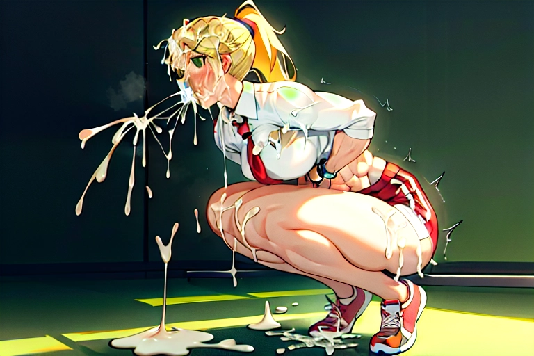 woman on her knees sucking the penis of a man standing next to her, blonde hair, ponytail, (office outfit), breasts out, ((muscle, muscle body, fit, fitness, abs), green eyes, full body, seen from side-details, (cum in mouth:1.5), perfect mouth, perfect vagina, perfect penis)