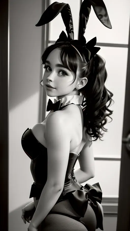 8k High resolution photoreal photography of Sabrina carpenter, as a playboy bunny,
Natural skin, natural hair,
High Definition skin, high definition hair,
Wearing black strapless body, wearing white rabbit tail,wearing a black bow tie,
Back to the camera, looking in the camera,