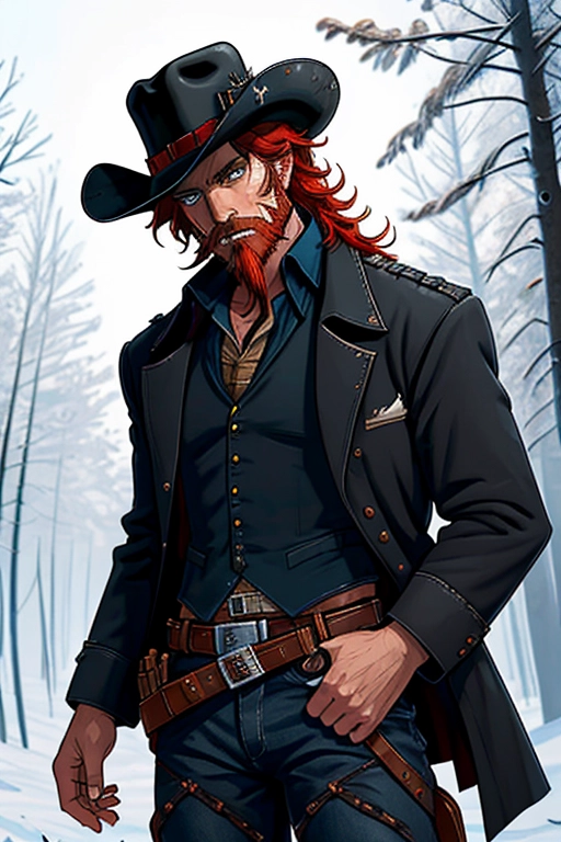 Old wild west, A badass cowboy riding his badass horse, ex-confederate officer for the C.S.A., black cowboy hat with white band and a feather, red hair, red beard, sharp blue eyes, gritting teeth, strong chin, a scar across his face, strong build, black cowboy outfit, long brown trench coat, black boot cut pants, two six shooter revolver pistols, one gun drawn, the other gun is in the holster, two gun holsters, gun belt with bullets line in, black cowboy boots with spurs, riding in the saddle of his black horse, in the forest, fending of a pack of wolves, ((high definition)), ((4k quality)), ((excellent lighting)), ((great shading)), ((pristine detail)), ((really clear picture)), ((beautiful vibrant colors)), ((accurate at lower prompt guidence)), ((ultra realistic)), (((five fingers per hand))), (((two arms per person))), (((two legs per person))),