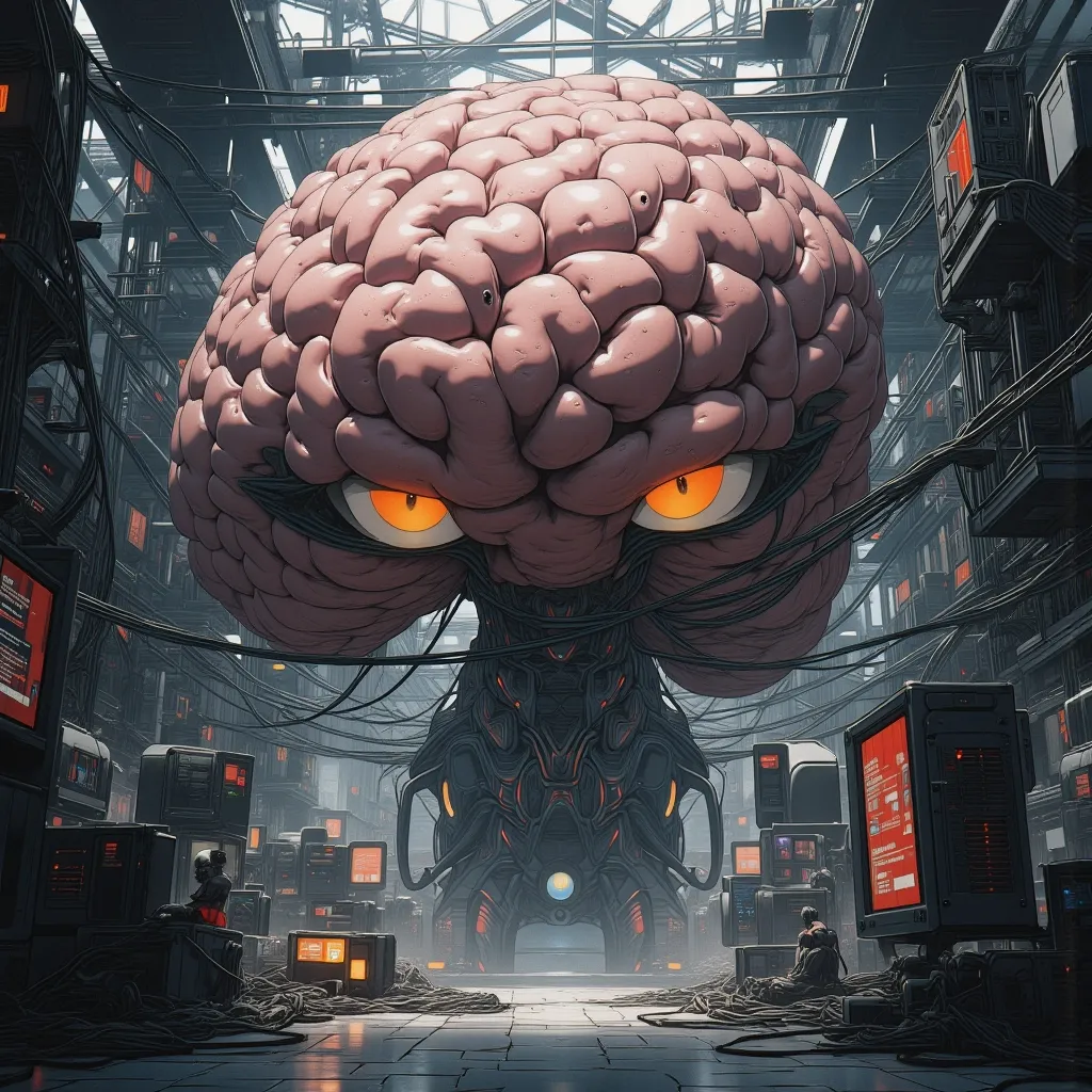 In the center of the room, a colossal human brain is intricately connected to advanced computers housed in the surrounding racks by millions of wires. This extraordinary brain possesses two eyes that fixate upon us with astonishing precision, captured in a painting with unparalleled detail and resolution at 64K. There are two alien scientists who are examining the brain.