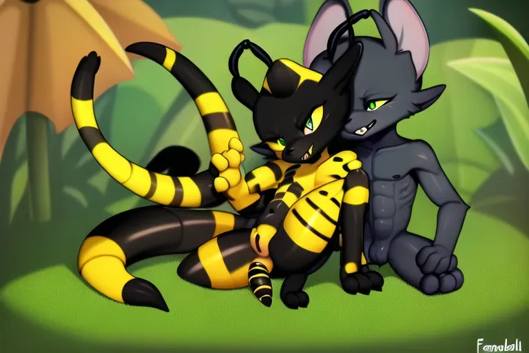 kobold, black and yellow, bee, big dick, male, green eyes, full-body, paws, antenes, femboy, petite, fuzzy, furred