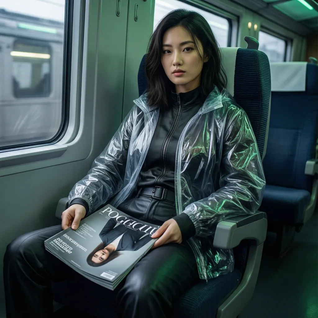 a Chinese model is sitting on a train, magazine cover, clothes made of plastic, photorealistic, futuristic style, gray and green light, movie lighting, 32K HD