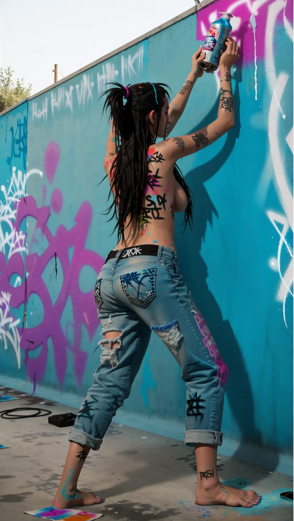 full-body image of a toned hot topless barefoot punk girl with long hair wearing baggy jeans while holding a can of spray paint and painting graffiti on the wall on an outdoor ice rink with graffiti paint on her breasts and spray paint on her feet, facing away from viewer, sexy feet, barefoot, barefoot, barefoot, barefoot, spray paint on feet,