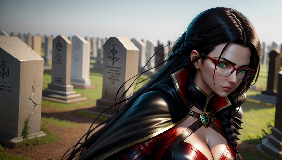 Vayne from league of legends
night time
green eyes
graveyard setting
8k
ultra realistic picture
dark leather outfit, red details,
teaser neckline.
visible navel
long braid dark hair
cape
dark red lenses glasses