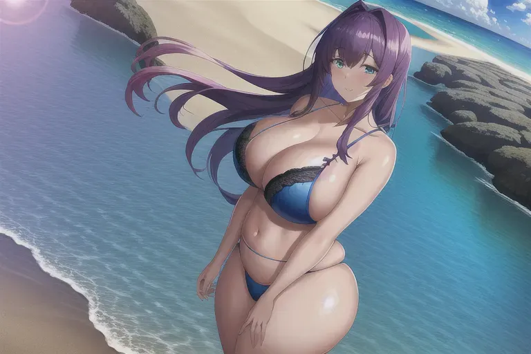 wide shot, 20 year old, an anime girl, thicc, lingerie, blue, beach, night, sunlight, happy, 8k, professional