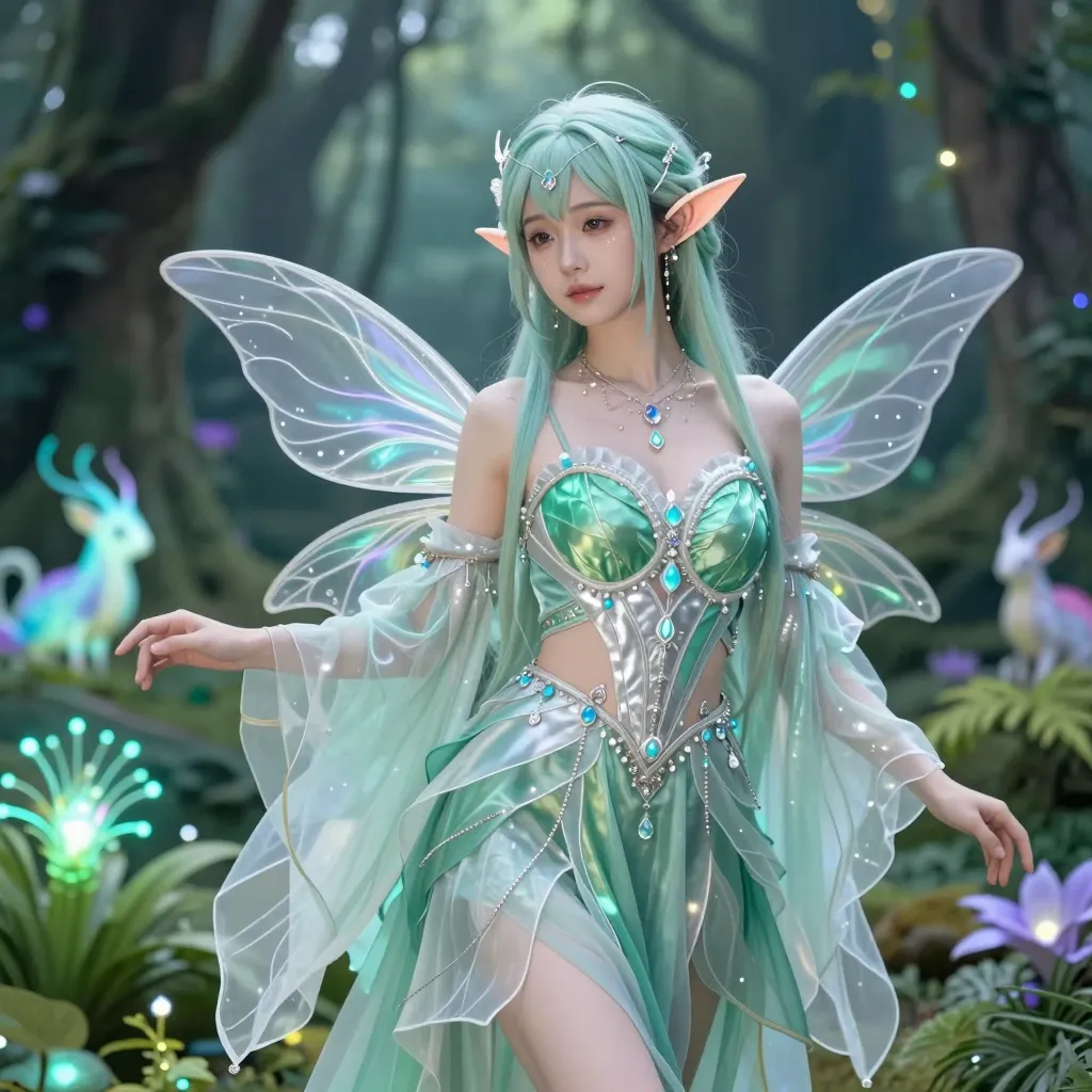 A female cosplayer portraying an
ethereal fairy or elf, wearing a
flowing dress made of delicate
fabrics in soft, mystical colors like
emerald green and silver. She has
pointed ears, a gentle, enchanting
expression, and her outfit is
adorned with sparkling jewels and
intricate patterns. The background
is a magical forest with glowing
plants, mystical creatures, and a
serene atmosphere.