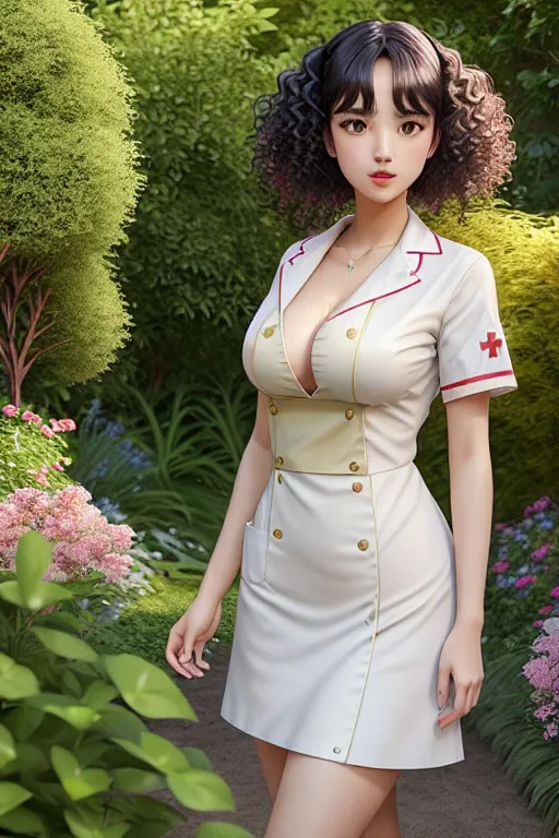 a digital art of,nana komatsu,wearing nurse clothes,touching breasts,in the garden,natural breasts,five fingers per hand,curly hair,beautiful face,beautiful lips,green eyes,curved eyebrows,smooth skin,romantic,wearing golden ring,8k,unreal engine,ultra realistic,smooth,pixiv
