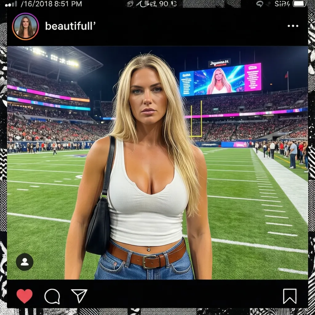 photograph, social media post, Instagram, Dopamine Girl, blonde woman, white tank top, low-cut, revealing cleavage, blue jeans, brown belt, black shoulder bag, standing in football stadium, night game, green grass field, white yard lines, large digital scoreboard in background, crowd in stands, Twitter timestamp 2/16/2018 8:51 PM, user profile picture top left, tweet text "beautifull", post likes 90, shares 13, border with black and white pattern, Dopamine Girl has fair skin, long straight hair, serious expression, athletic build, small belly button piercing, casual style, sports event, modern stadium, vibrant colors, digital medium, realistic photography, social media layout, Twitter interface, clear weather, night lights illuminating stadium.
