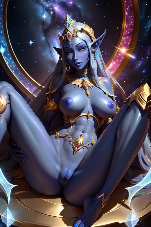 High Details, Naked Night Elf Female, Gold Skin, Spiritual, High Heavens, Blue Nipples, Blue Pussy, Blue Crystal Hair, Shadows, Legs Open, Cosmic Stars