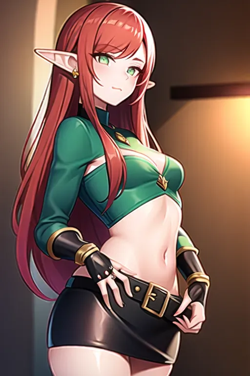 <lora:dpmg_princess_zelda:0.3>, 1girl, bangs, red hair, breasts, leather gauntlets, closed mouth, front facing, green eyes, high res, jewelry, long hair, long sleeves,pointy ears, ring, small breasts, solo, standing, red hair, green skin, elf girl, tavern background, leather crop top, small boobs, points ears, front side, sexy girl, short skirt, tall socks, leather belt
