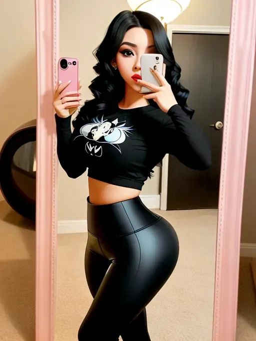 Disney princess, photo gorgeous attractive face, huge bimbo lips, black hair, slim waist, tight t-shirt, huge amazing round ass in tight yoga pants, mirror selfie, photorealistic, best quality, ultra high resolution